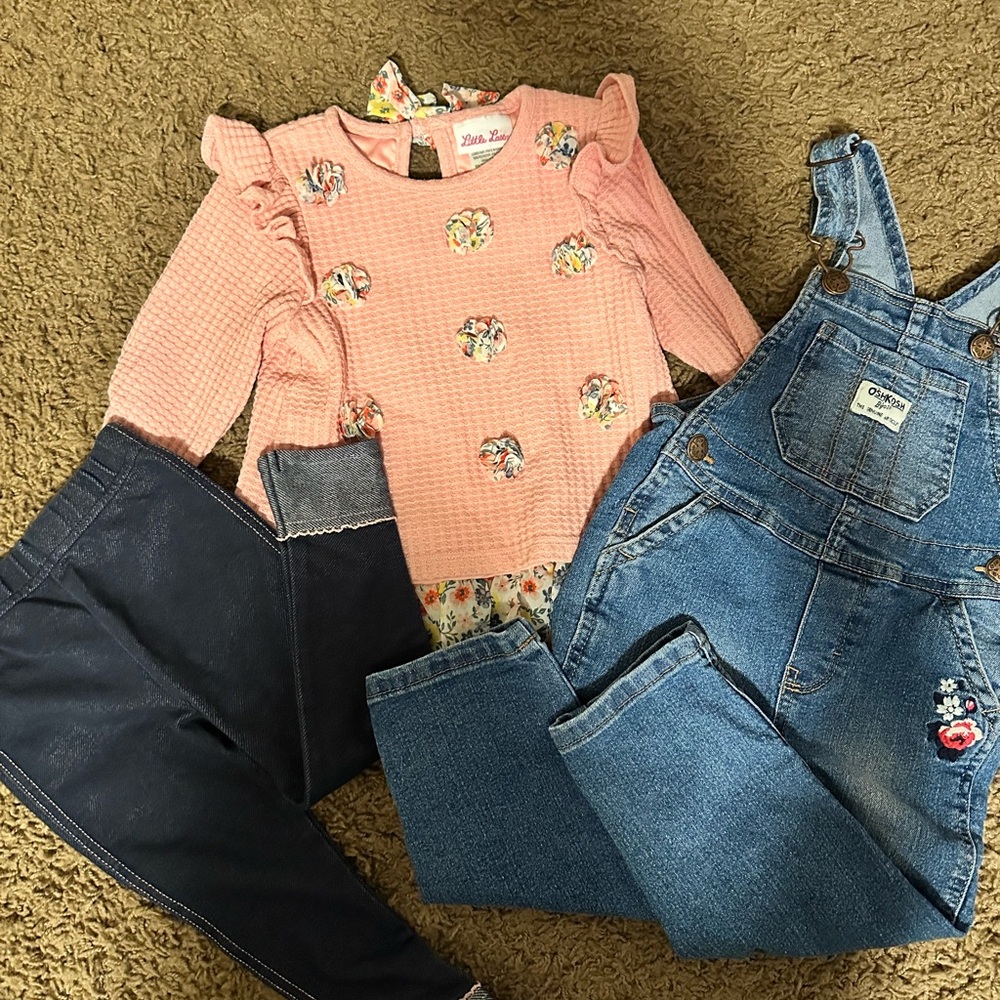 Pink Floral Top and Denim Overalls Set